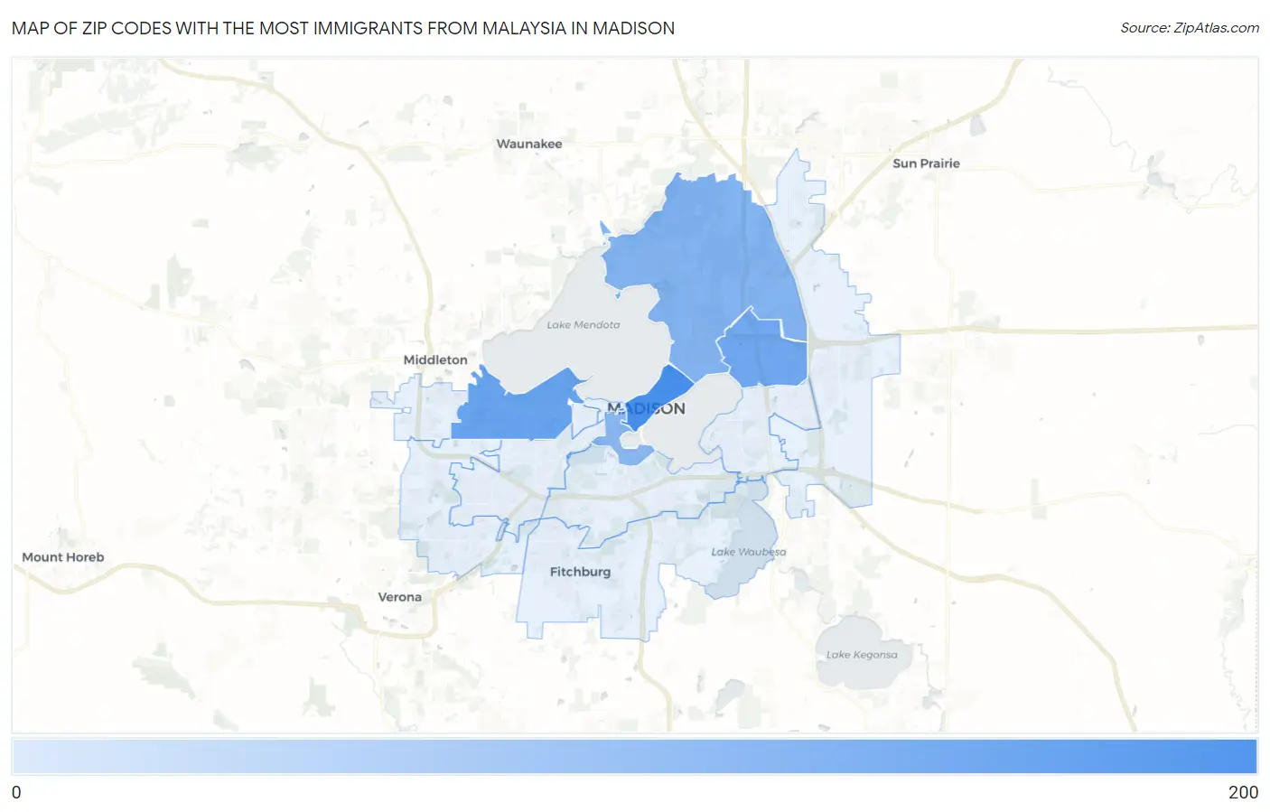 Zip Codes with the Most Immigrants from Malaysia in Madison Map