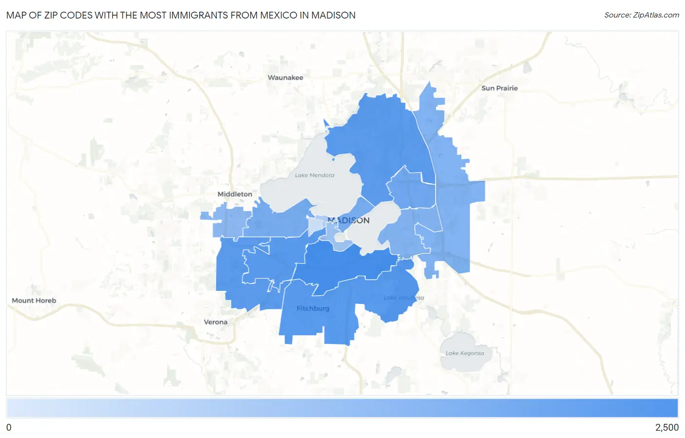 Zip Codes with the Most Immigrants from Mexico in Madison Map