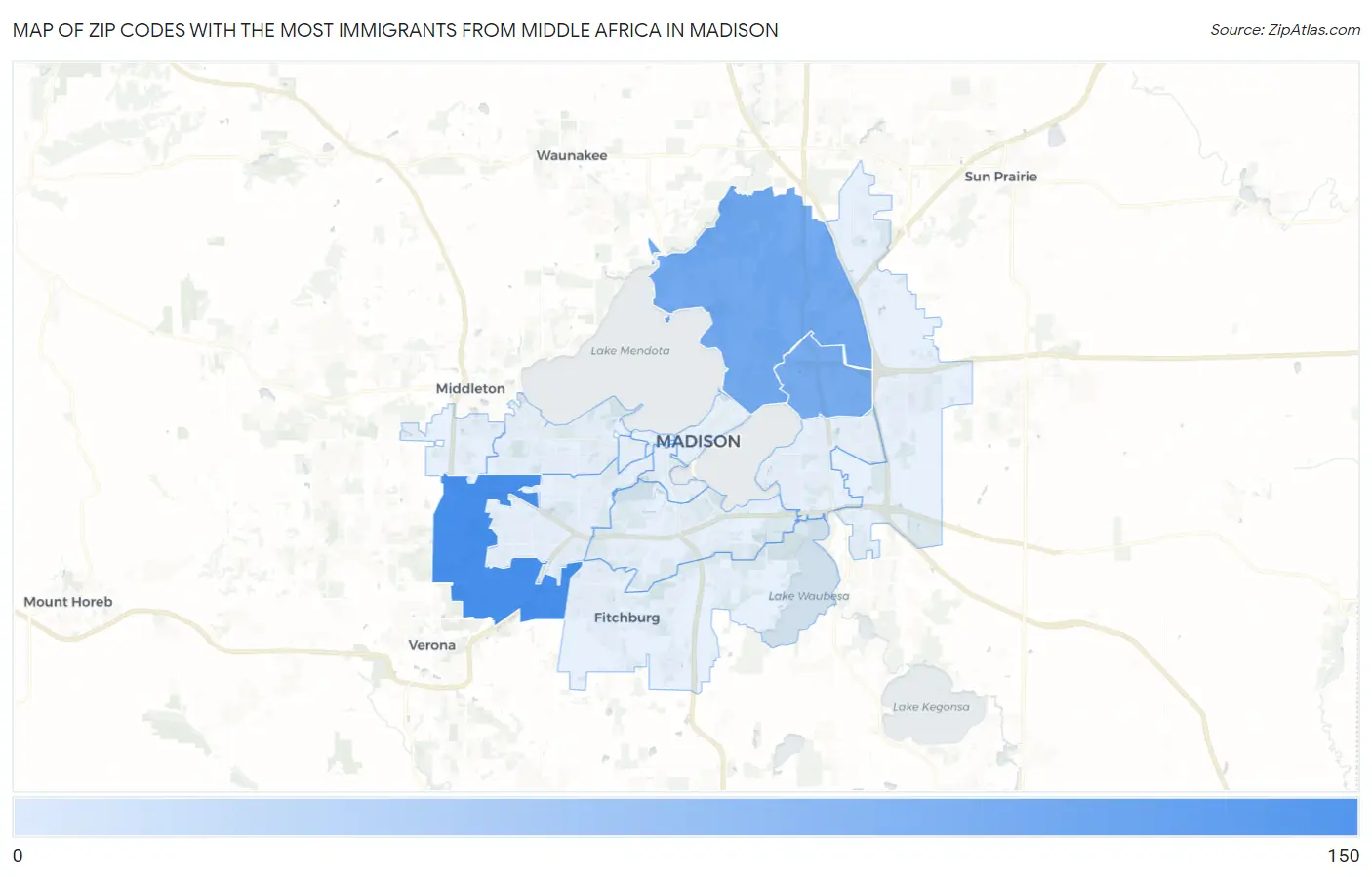 Zip Codes with the Most Immigrants from Middle Africa in Madison Map