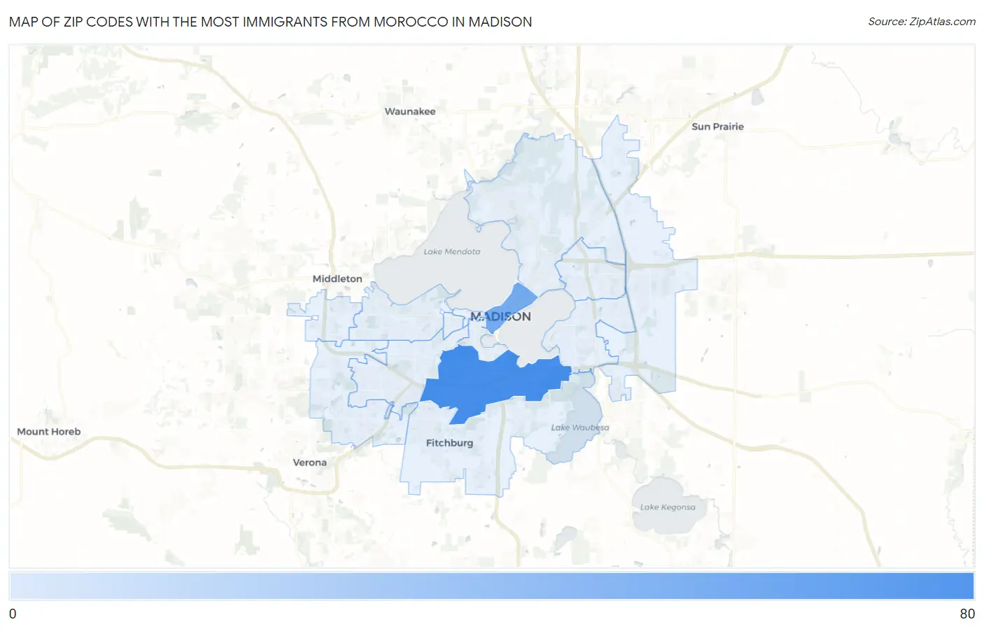 Zip Codes with the Most Immigrants from Morocco in Madison Map