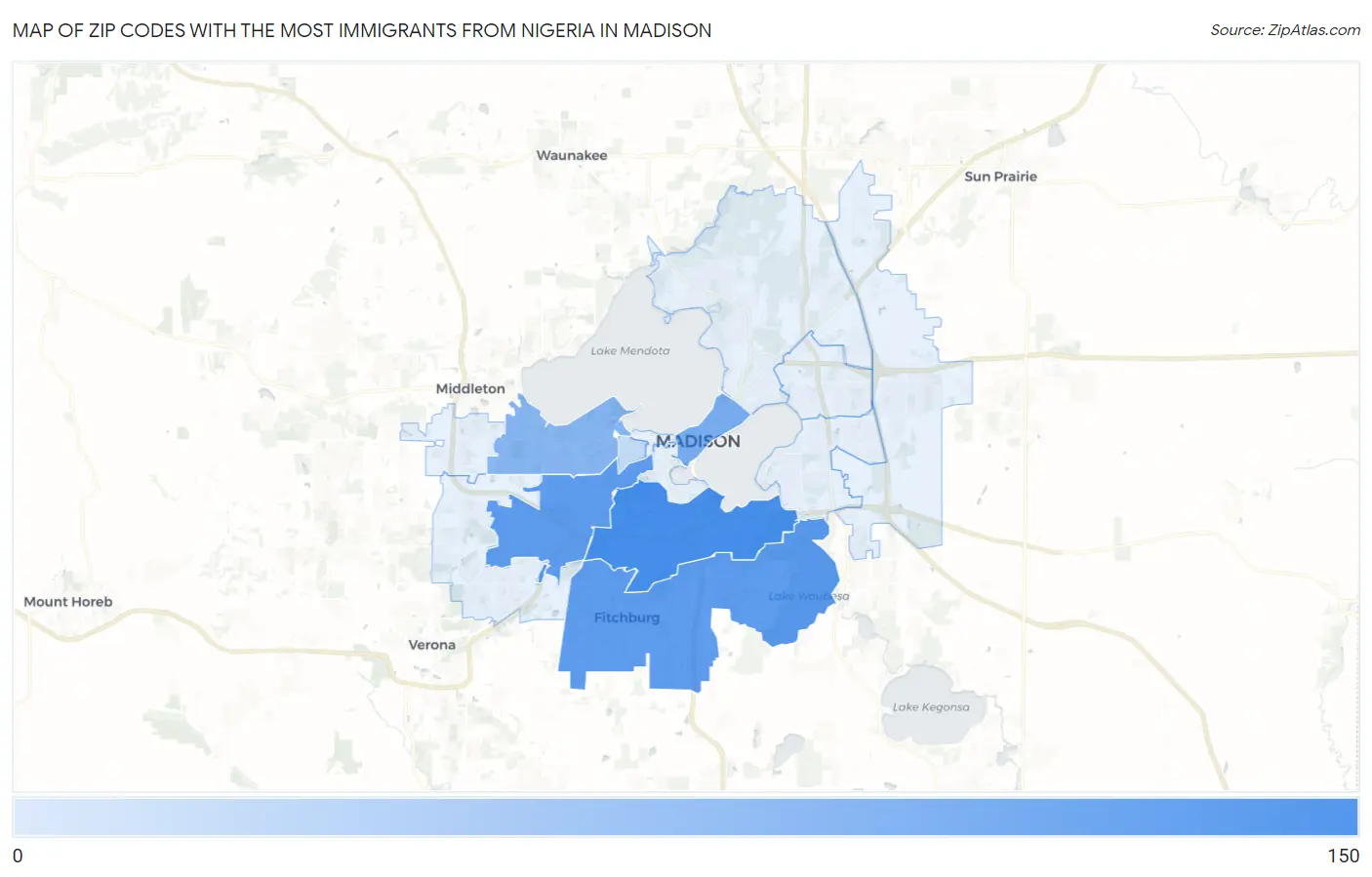 Zip Codes with the Most Immigrants from Nigeria in Madison Map
