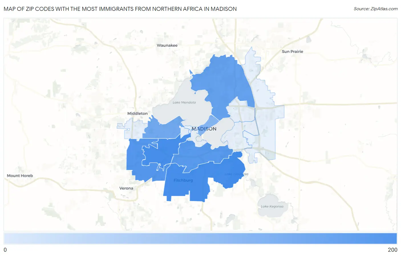 Zip Codes with the Most Immigrants from Northern Africa in Madison Map