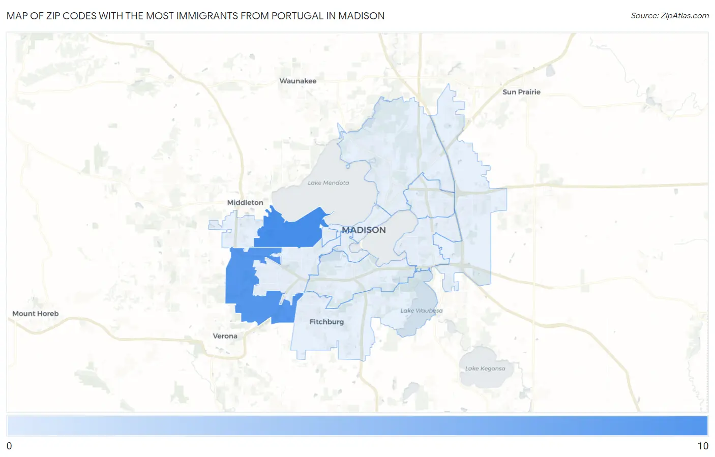 Zip Codes with the Most Immigrants from Portugal in Madison Map