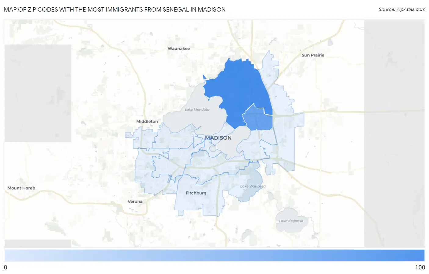 Zip Codes with the Most Immigrants from Senegal in Madison Map