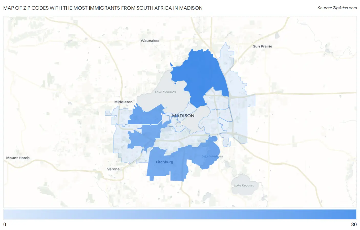 Zip Codes with the Most Immigrants from South Africa in Madison Map