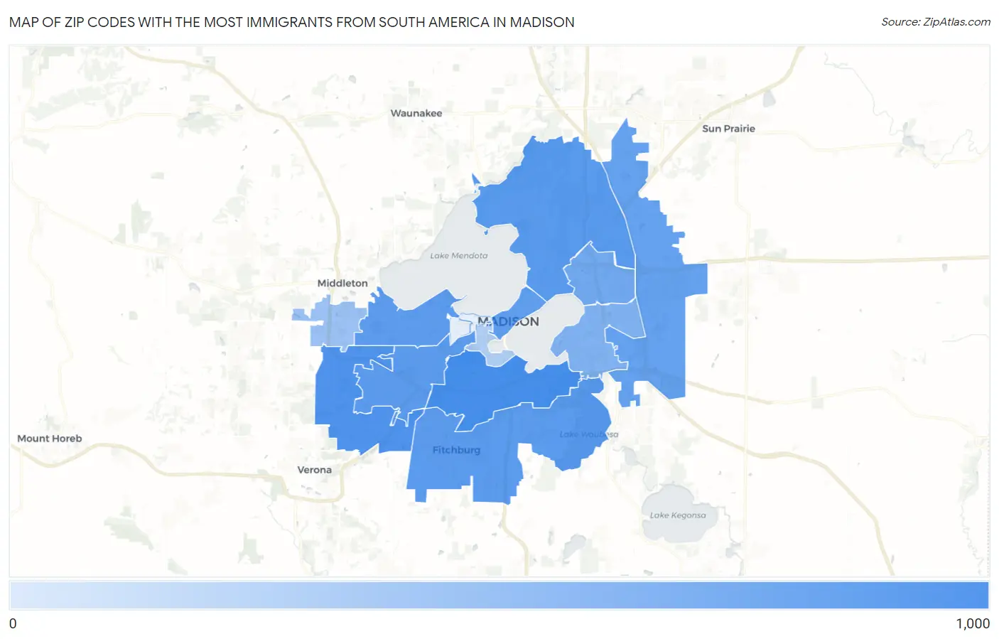 Zip Codes with the Most Immigrants from South America in Madison Map