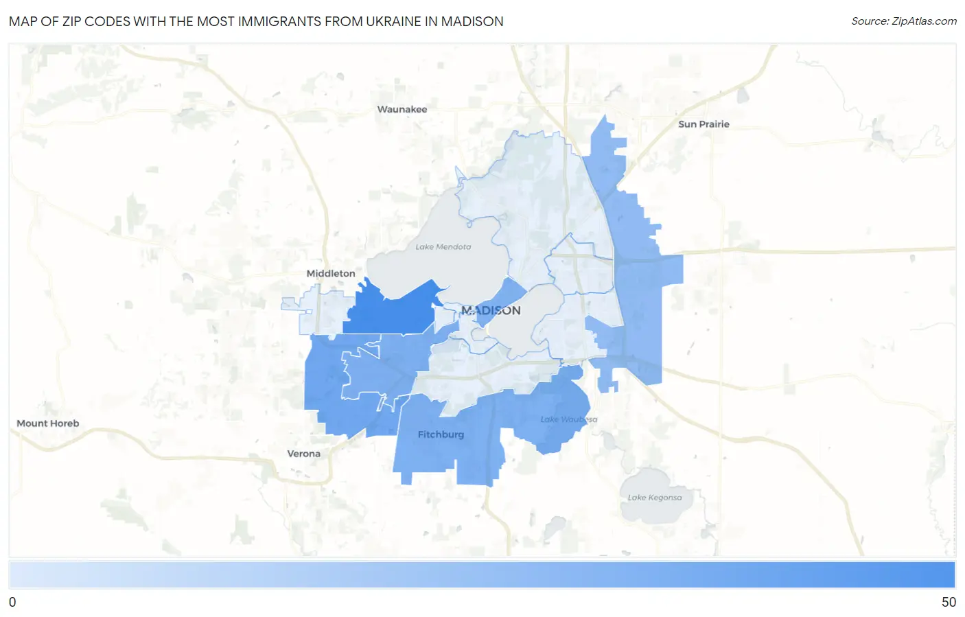 Zip Codes with the Most Immigrants from Ukraine in Madison Map