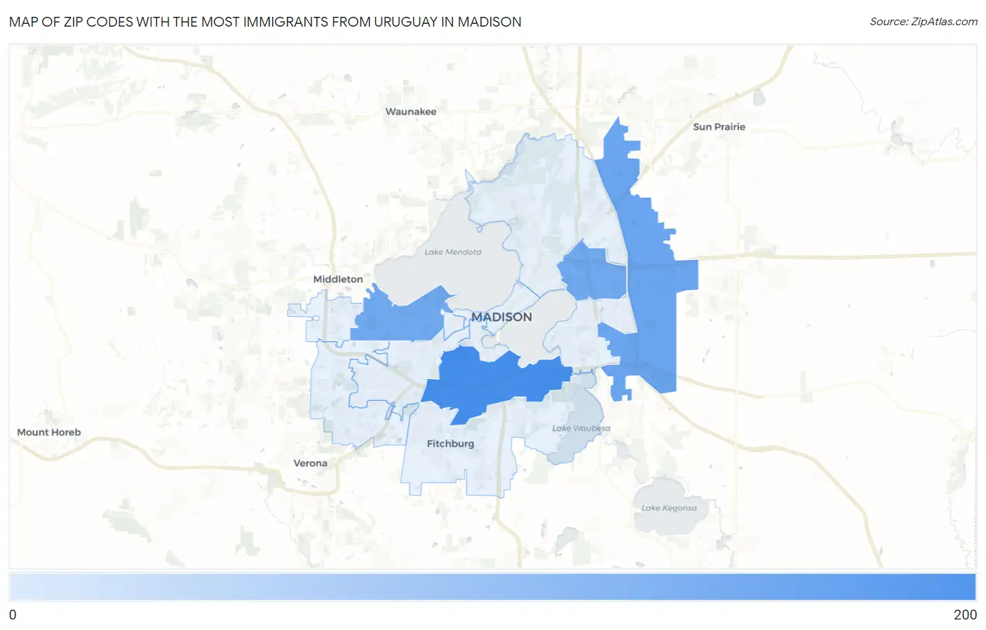 Zip Codes with the Most Immigrants from Uruguay in Madison Map