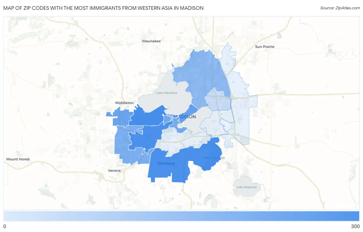 Zip Codes with the Most Immigrants from Western Asia in Madison Map