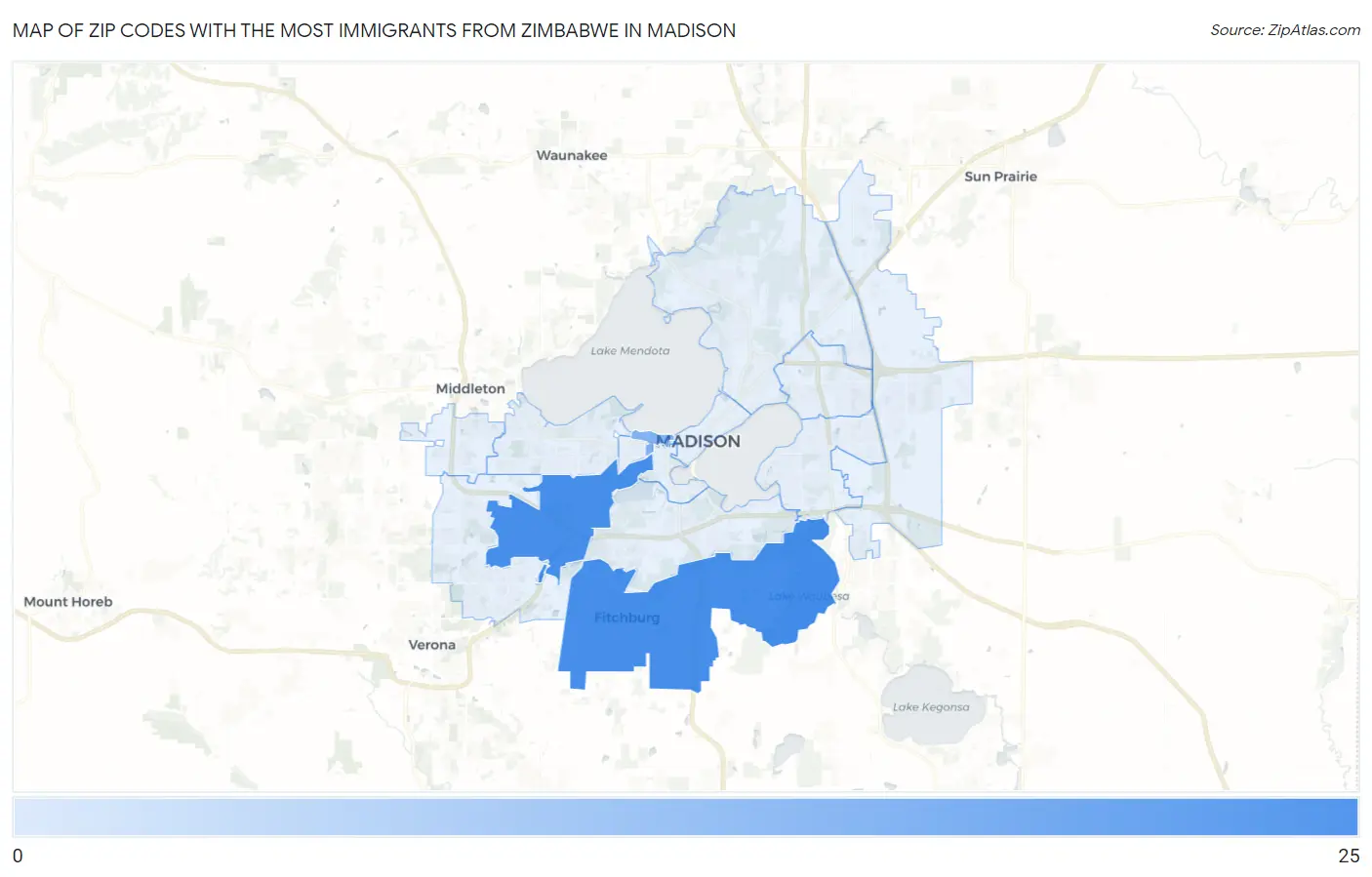 Zip Codes with the Most Immigrants from Zimbabwe in Madison Map