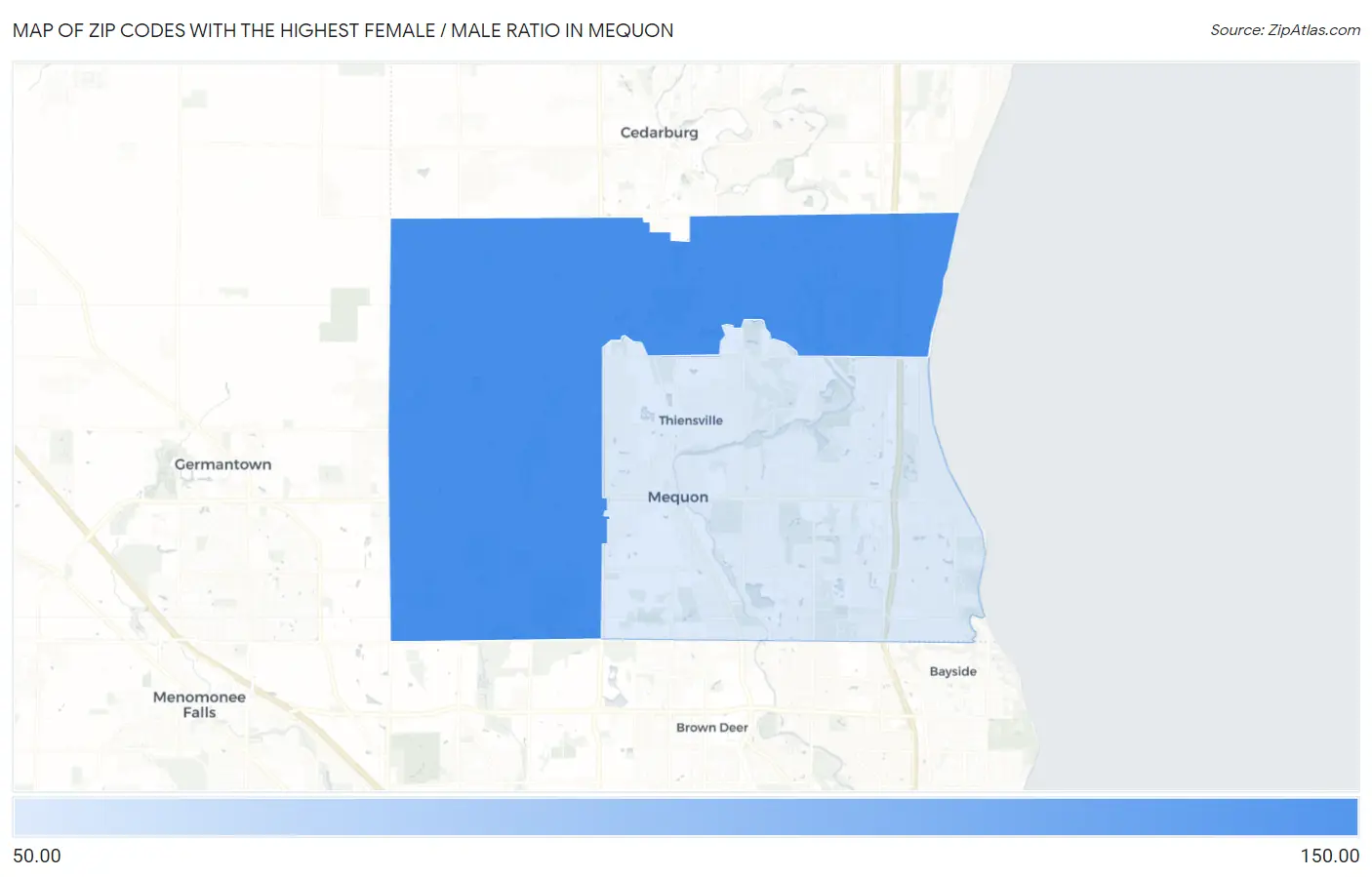 Zip Codes with the Highest Female / Male Ratio in Mequon Map