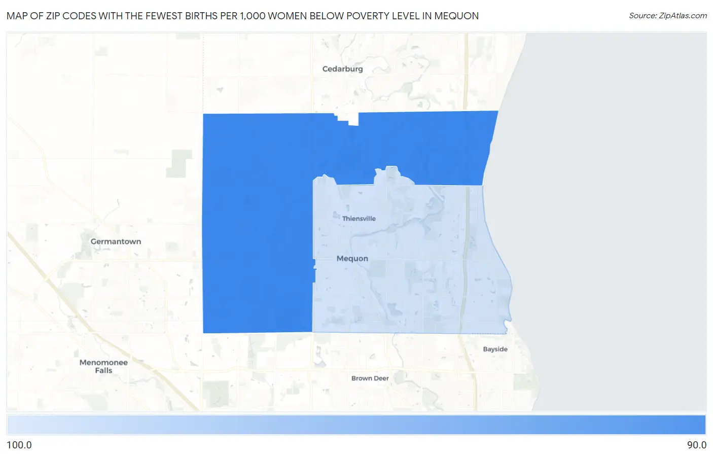 Zip Codes with the Fewest Births per 1,000 Women Below Poverty Level in Mequon Map
