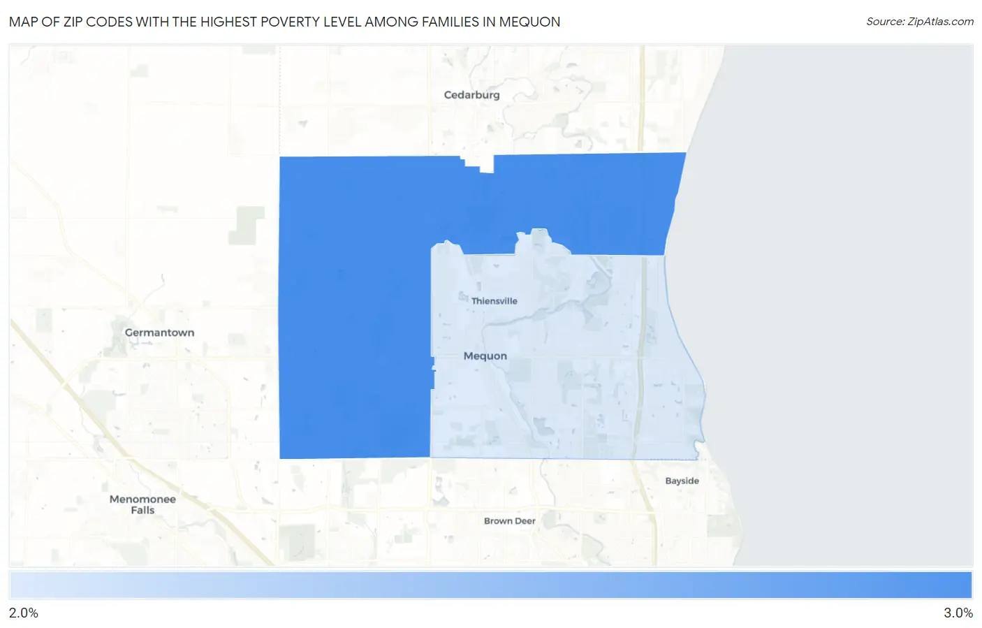 Zip Codes with the Highest Poverty Level Among Families in Mequon Map