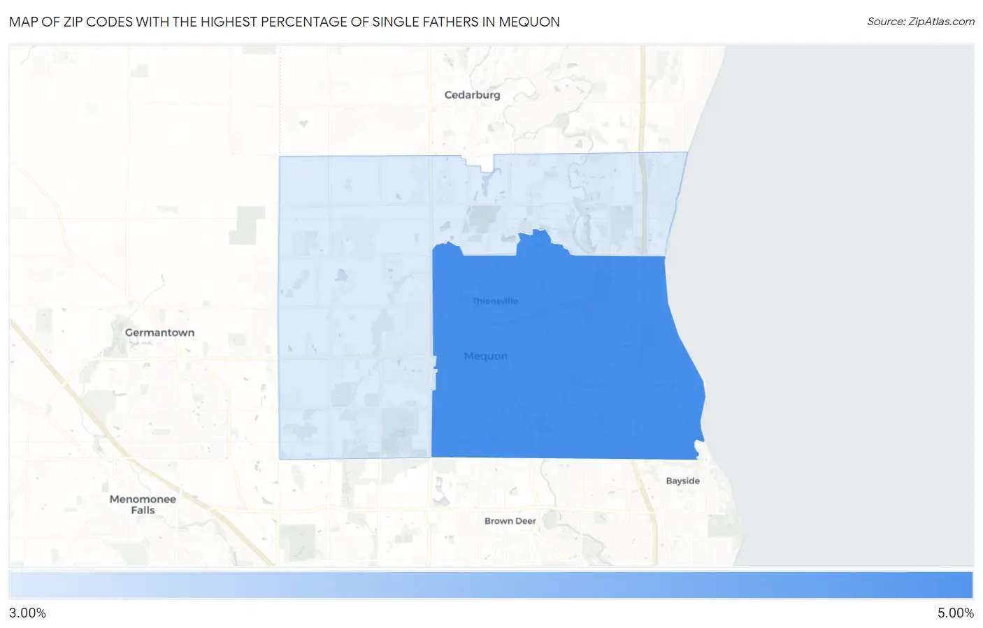 Zip Codes with the Highest Percentage of Single Fathers in Mequon Map