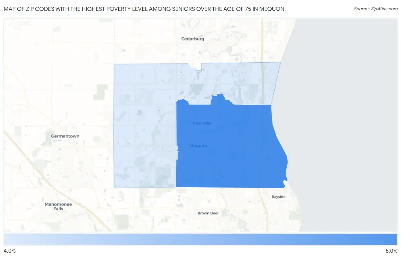 Zip Codes with the Highest Poverty Level Among Seniors Over the Age of 75 in Mequon Map