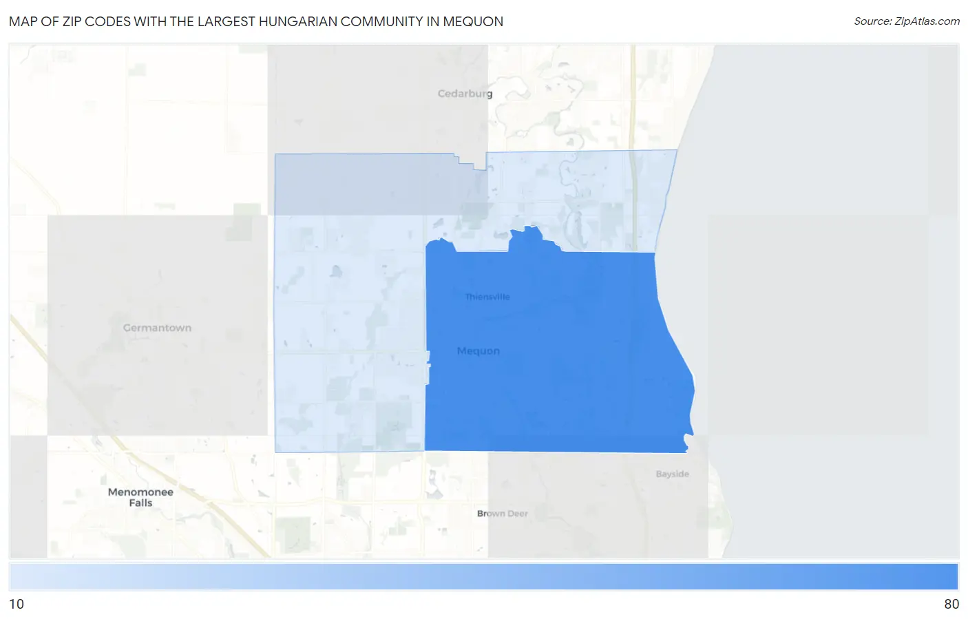 Zip Codes with the Largest Hungarian Community in Mequon Map