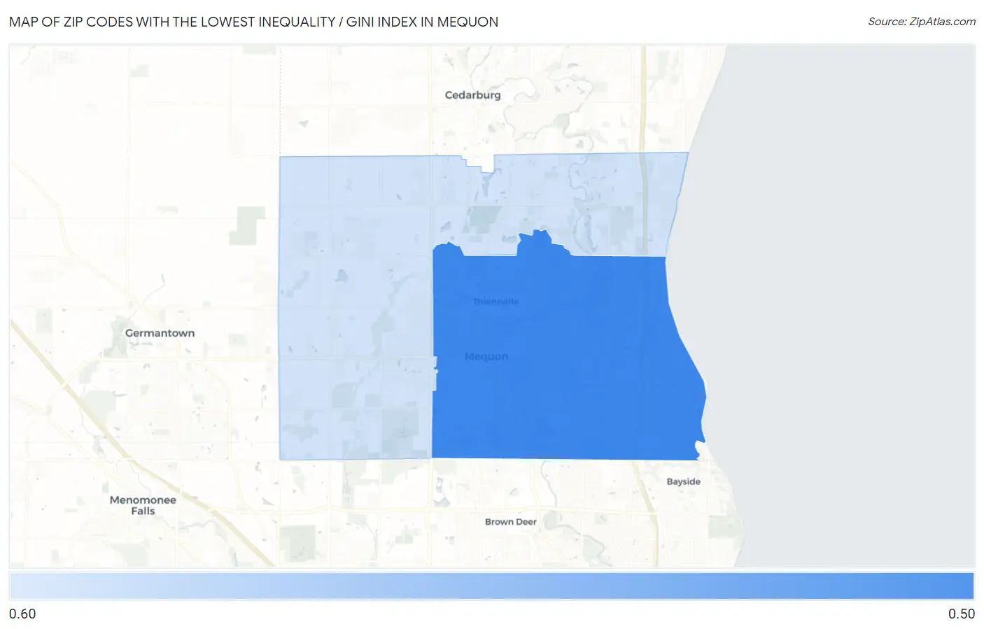 Zip Codes with the Lowest Inequality / Gini Index in Mequon Map