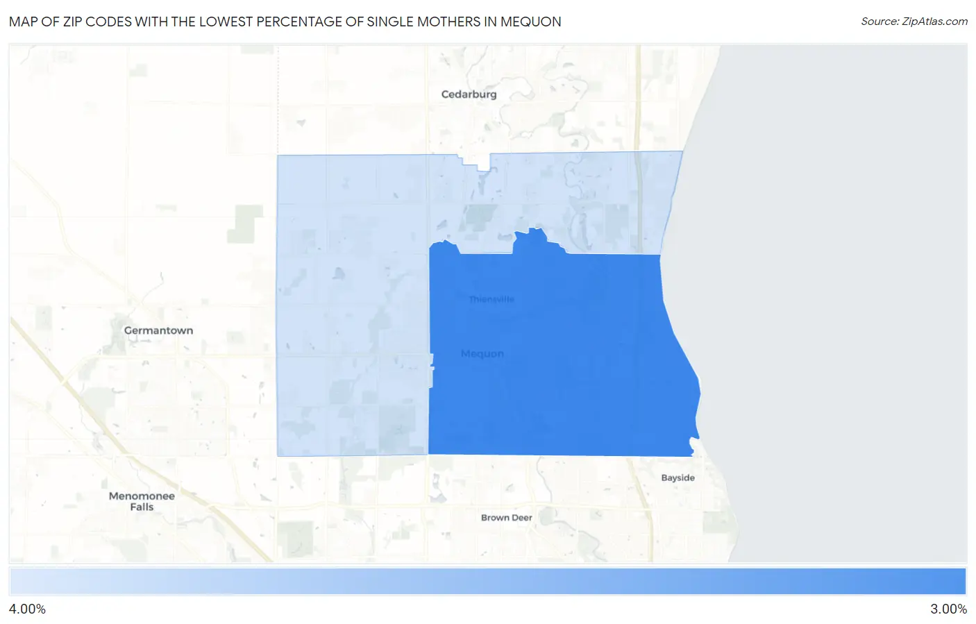 Zip Codes with the Lowest Percentage of Single Mothers in Mequon Map