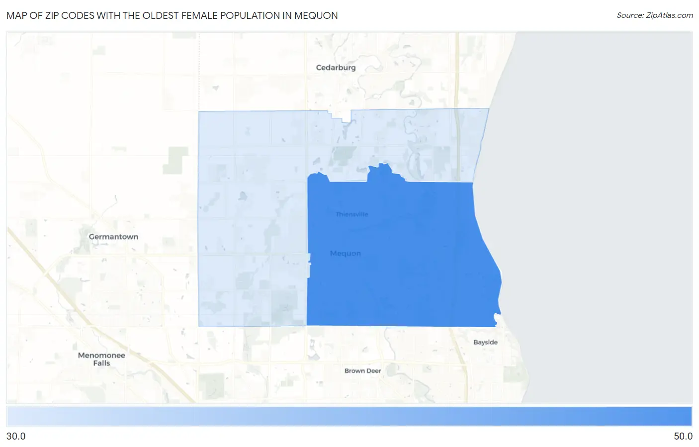 Zip Codes with the Oldest Female Population in Mequon Map