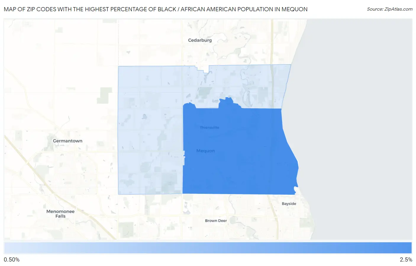 Zip Codes with the Highest Percentage of Black / African American Population in Mequon Map