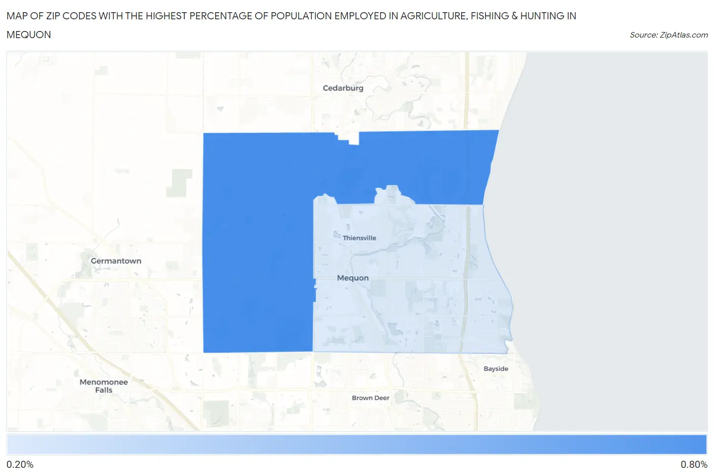 Zip Codes with the Highest Percentage of Population Employed in Agriculture, Fishing & Hunting in Mequon Map