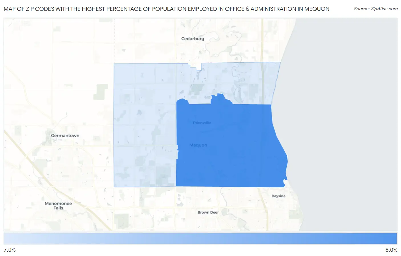 Zip Codes with the Highest Percentage of Population Employed in Office & Administration in Mequon Map