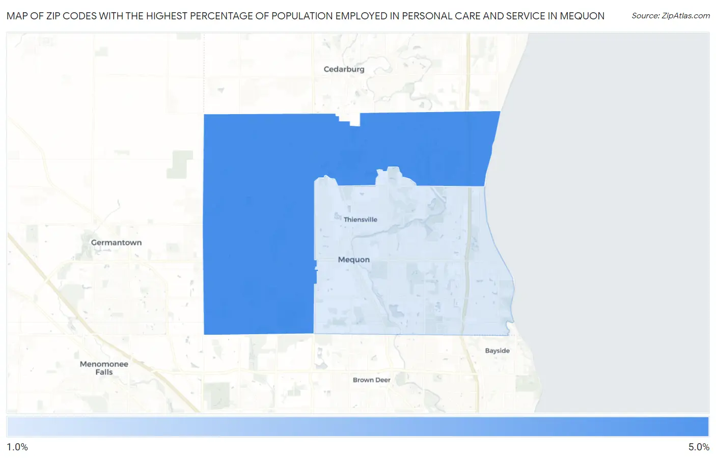 Zip Codes with the Highest Percentage of Population Employed in Personal Care and Service in Mequon Map
