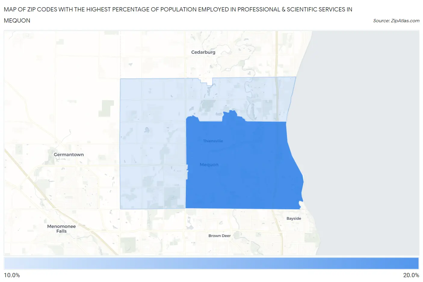 Zip Codes with the Highest Percentage of Population Employed in Professional & Scientific Services in Mequon Map
