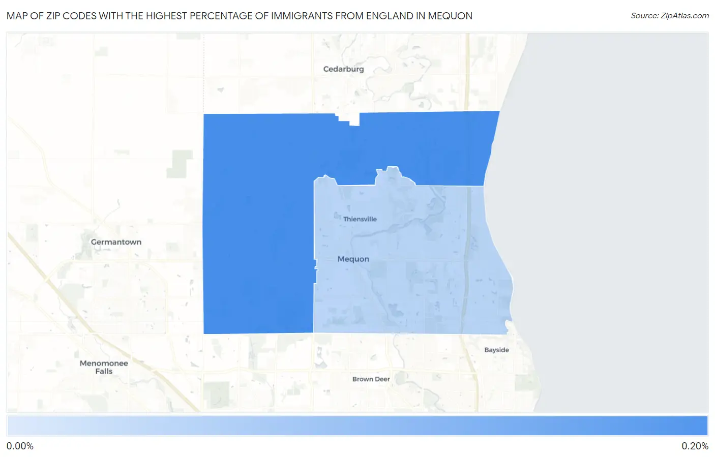Zip Codes with the Highest Percentage of Immigrants from England in Mequon Map