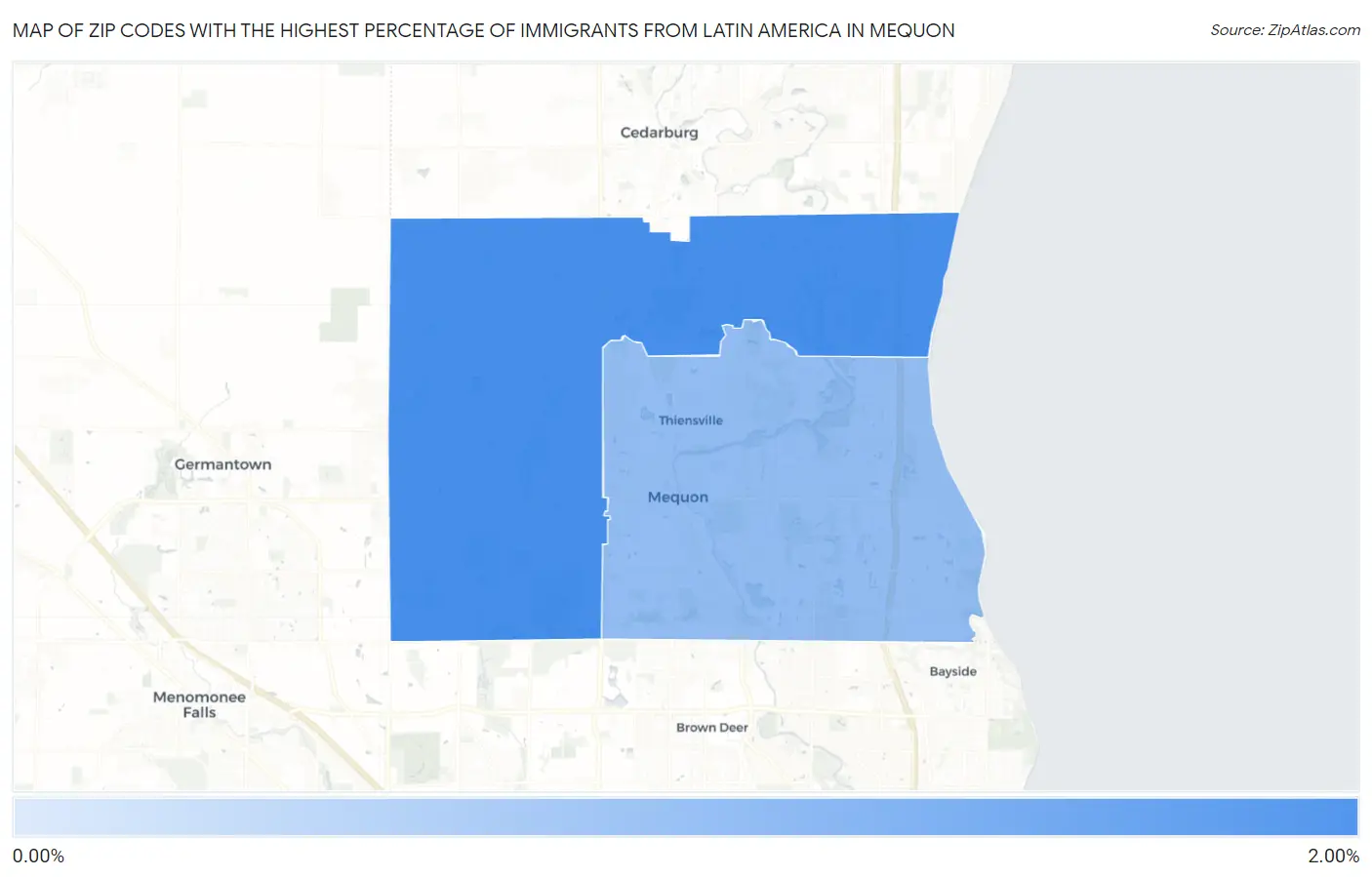 Zip Codes with the Highest Percentage of Immigrants from Latin America in Mequon Map