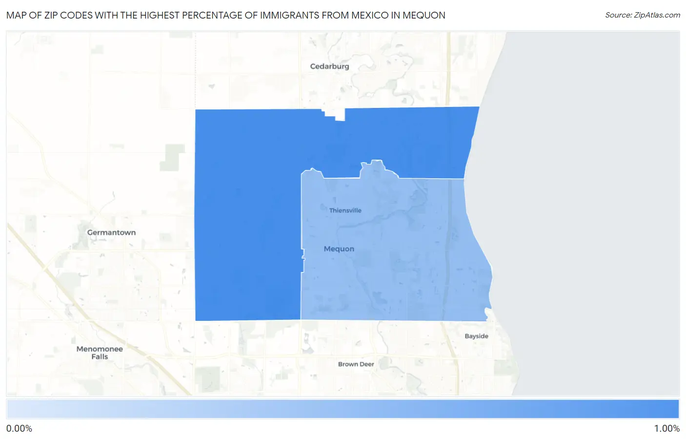 Zip Codes with the Highest Percentage of Immigrants from Mexico in Mequon Map