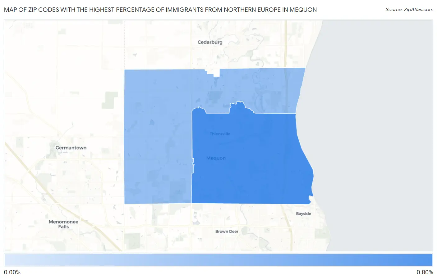 Zip Codes with the Highest Percentage of Immigrants from Northern Europe in Mequon Map