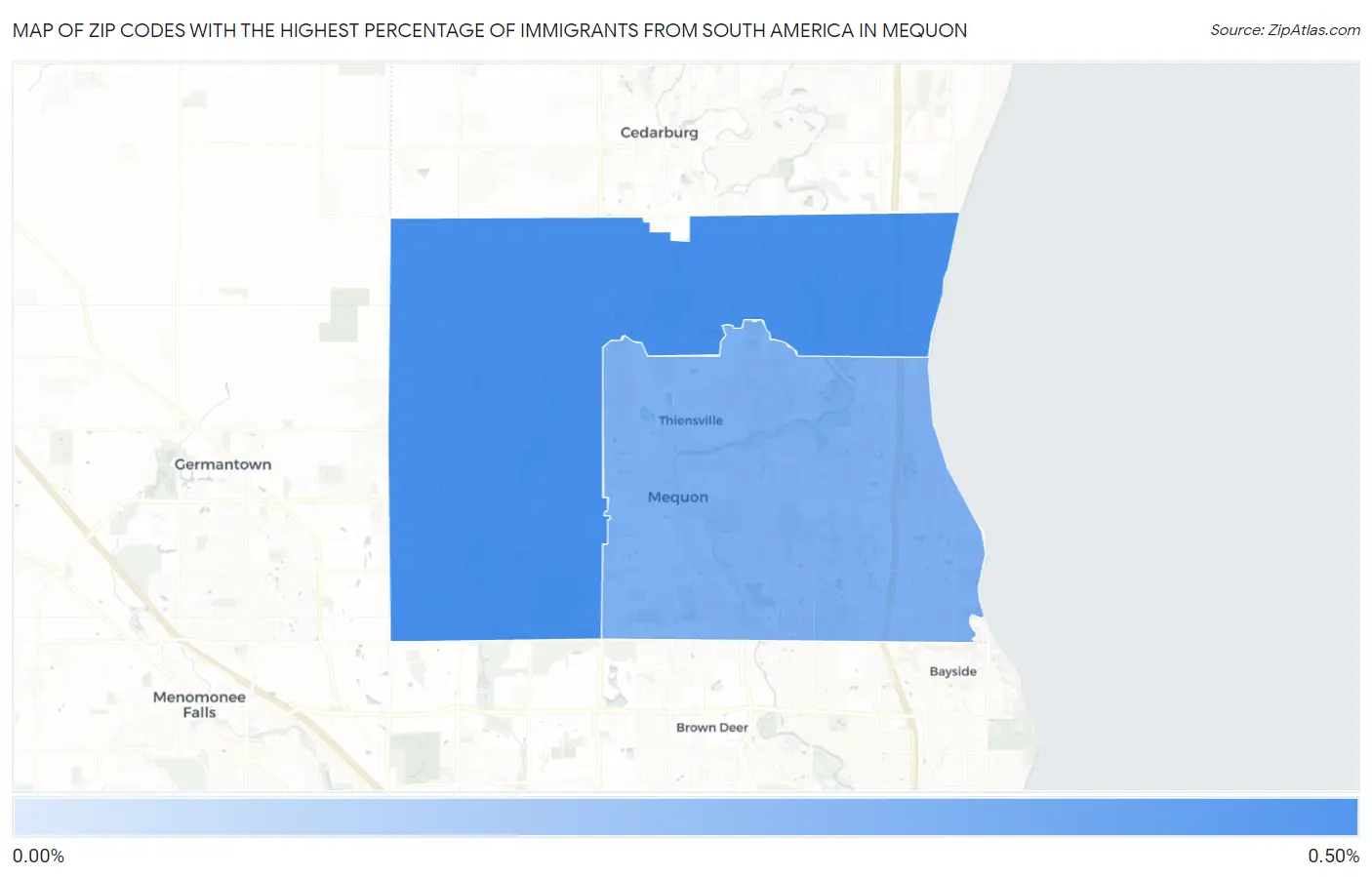 Zip Codes with the Highest Percentage of Immigrants from South America in Mequon Map