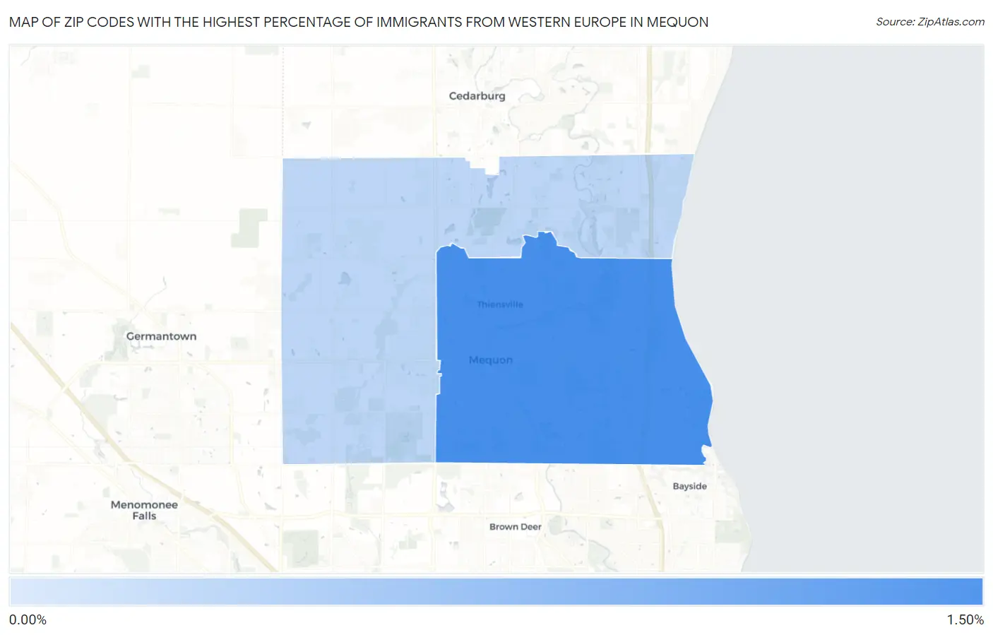 Zip Codes with the Highest Percentage of Immigrants from Western Europe in Mequon Map