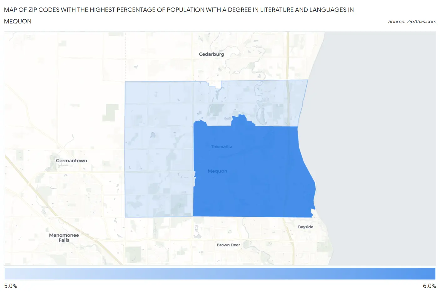 Zip Codes with the Highest Percentage of Population with a Degree in Literature and Languages in Mequon Map
