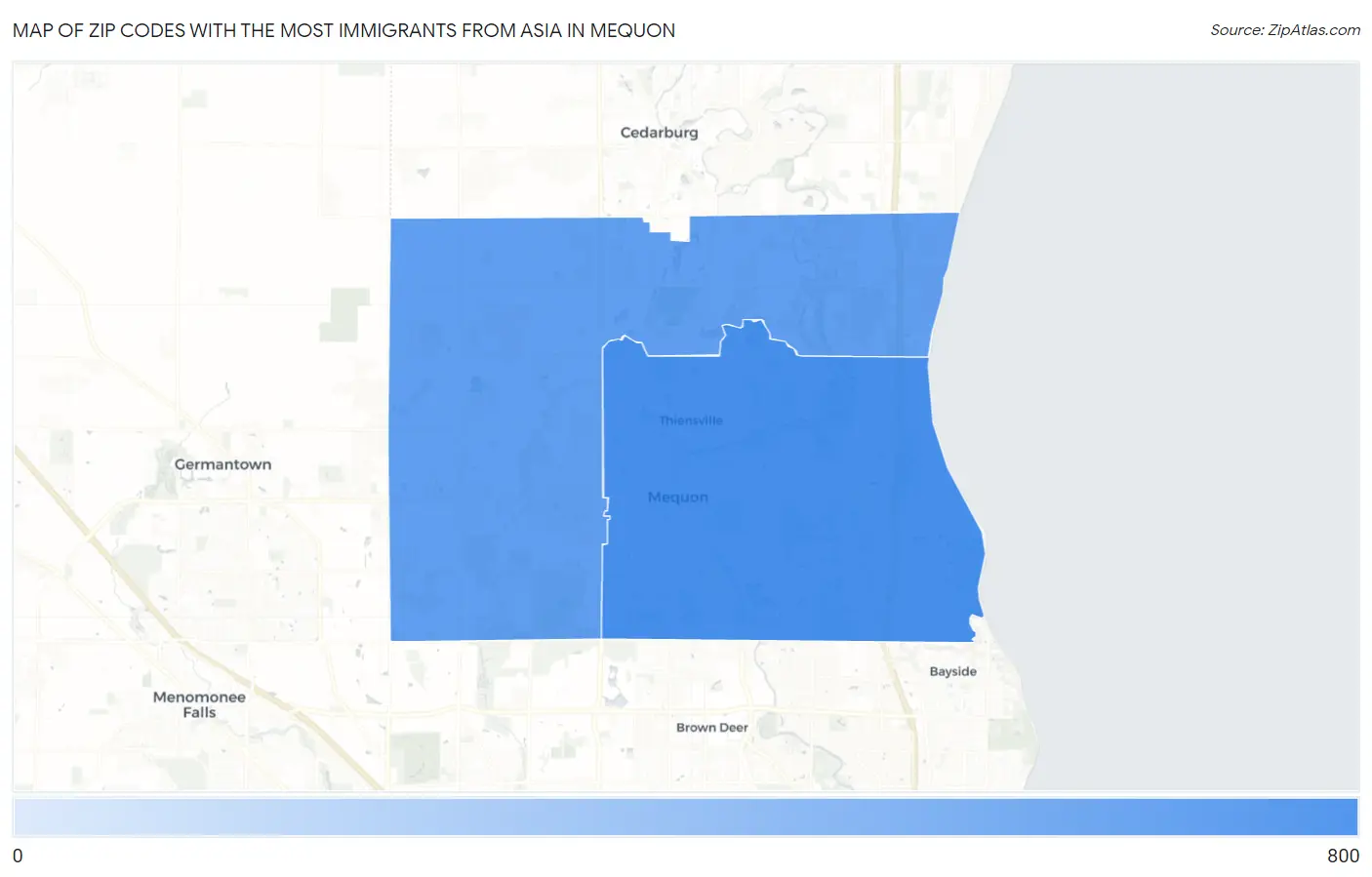 Zip Codes with the Most Immigrants from Asia in Mequon Map