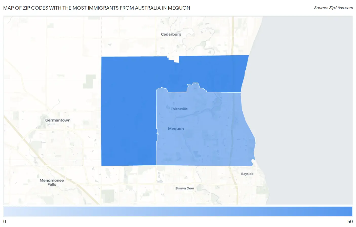 Zip Codes with the Most Immigrants from Australia in Mequon Map