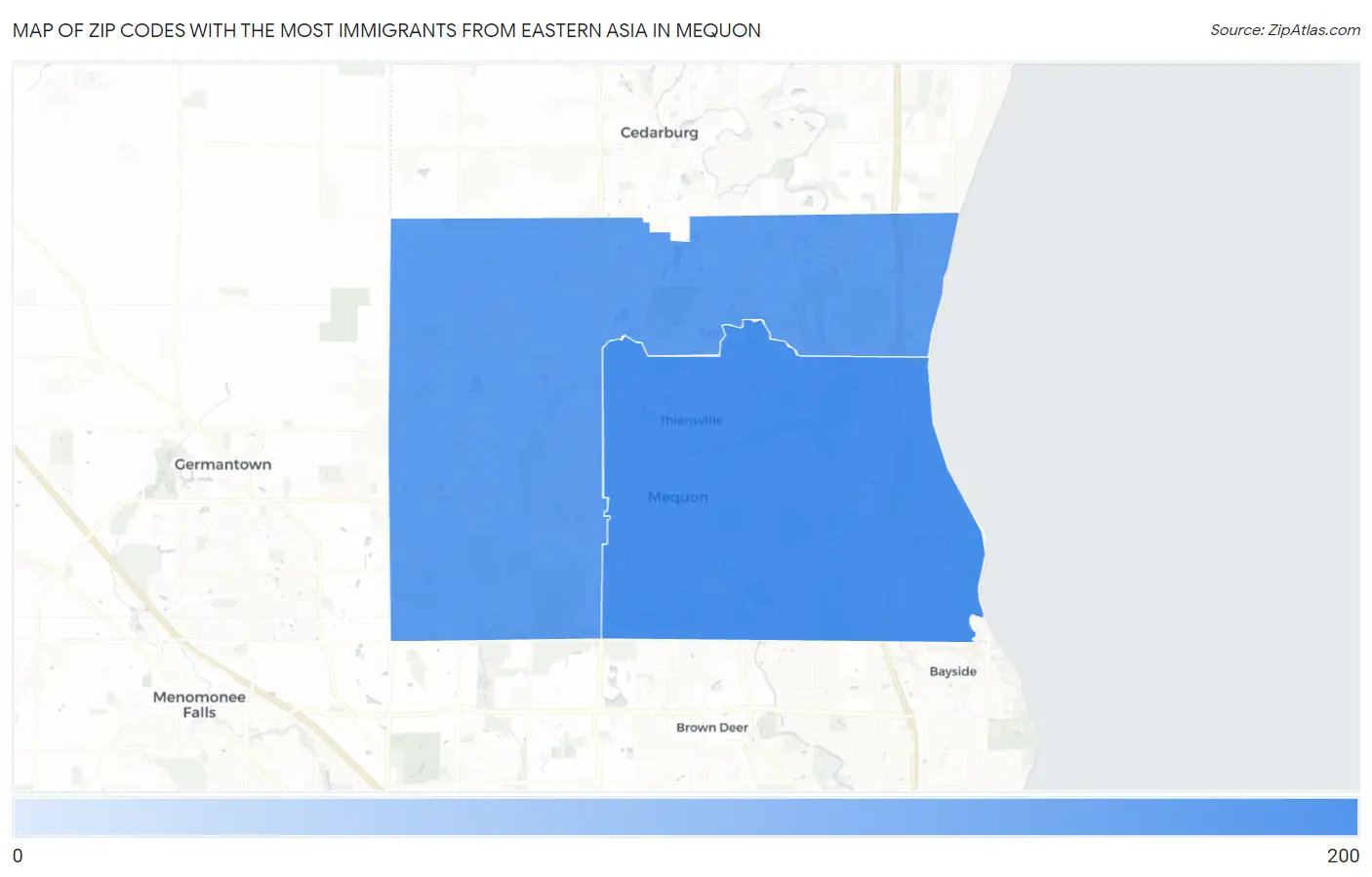 Zip Codes with the Most Immigrants from Eastern Asia in Mequon Map