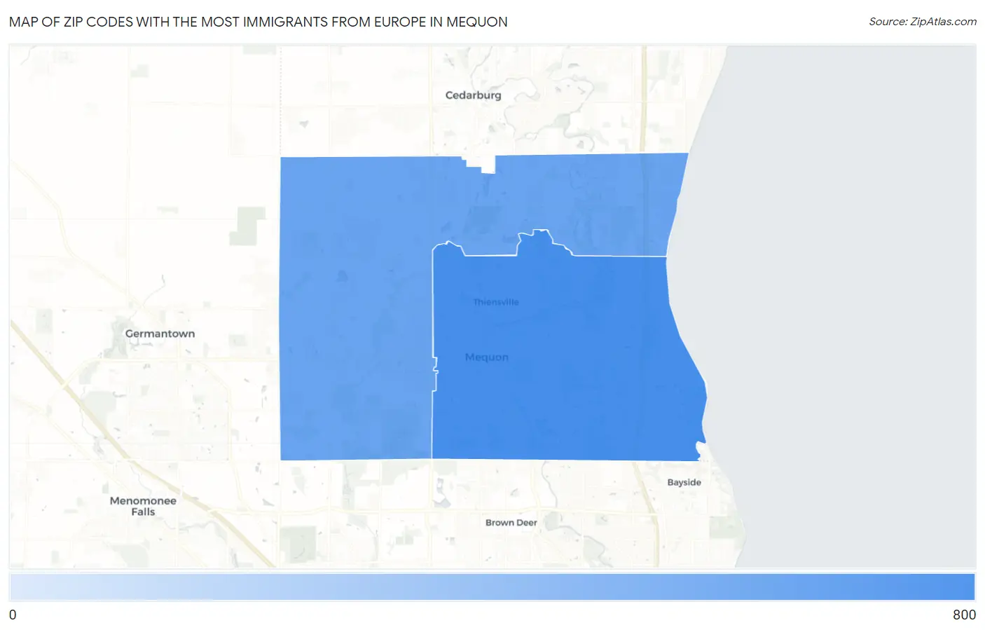 Zip Codes with the Most Immigrants from Europe in Mequon Map