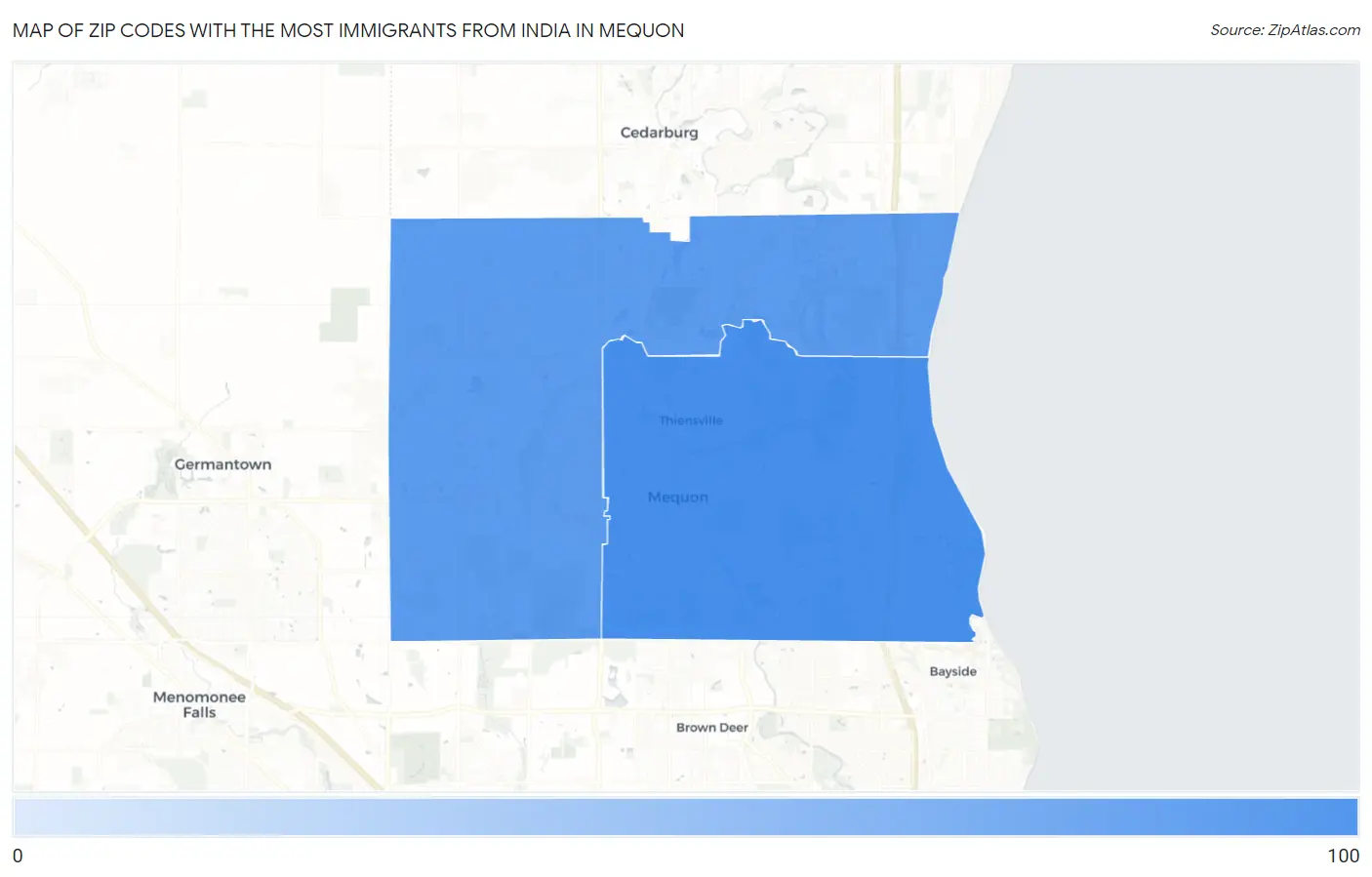 Zip Codes with the Most Immigrants from India in Mequon Map