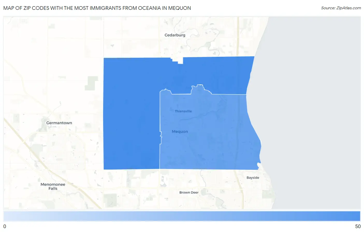 Zip Codes with the Most Immigrants from Oceania in Mequon Map