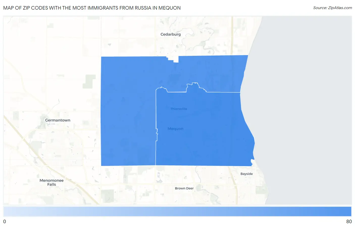Zip Codes with the Most Immigrants from Russia in Mequon Map