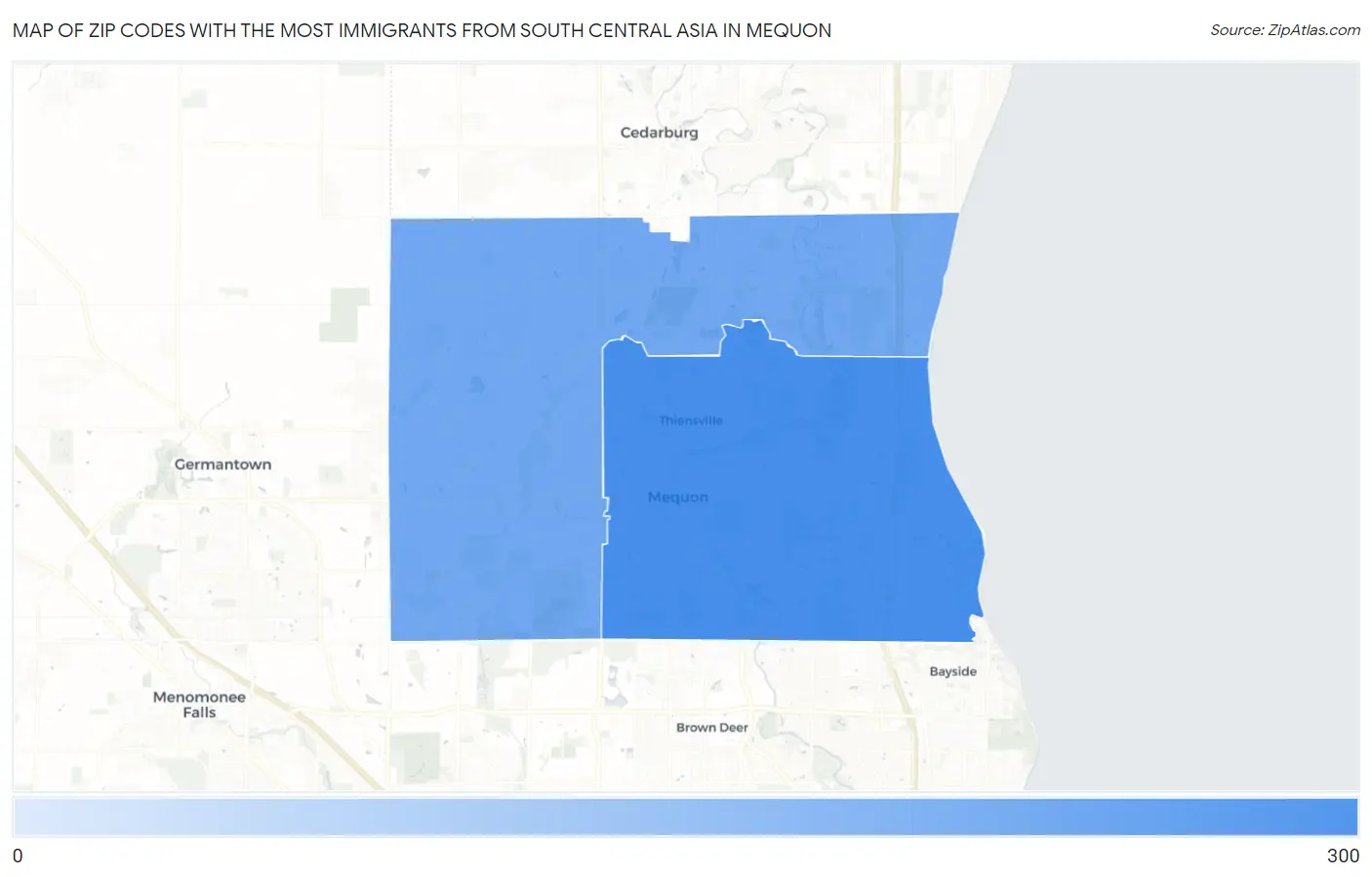 Zip Codes with the Most Immigrants from South Central Asia in Mequon Map