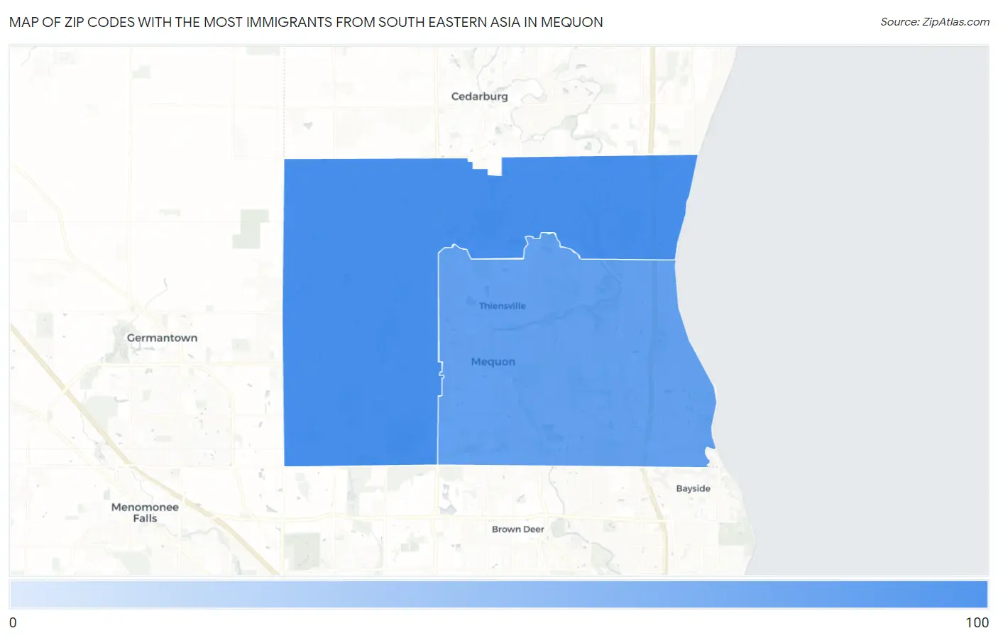 Zip Codes with the Most Immigrants from South Eastern Asia in Mequon Map