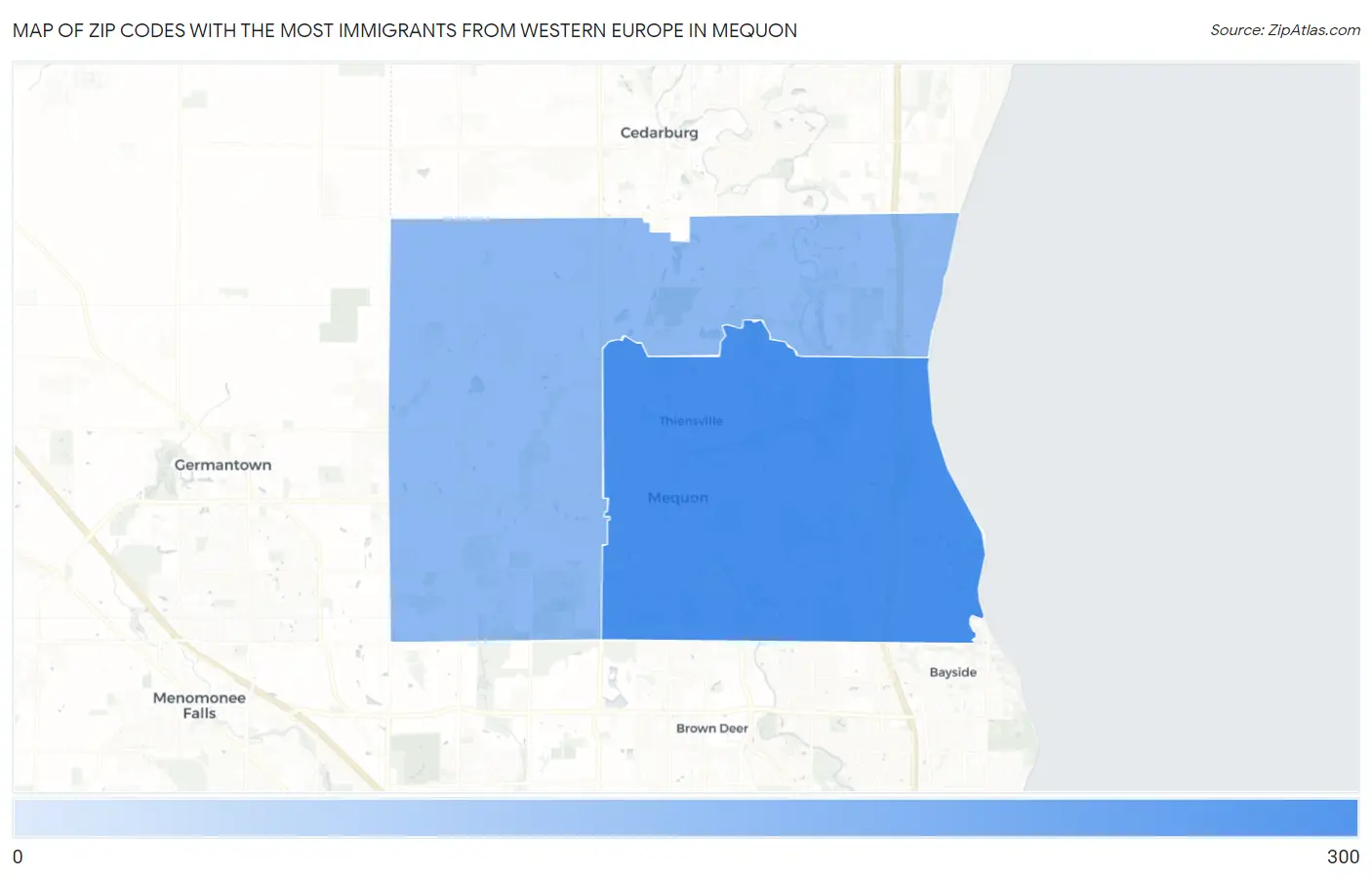 Zip Codes with the Most Immigrants from Western Europe in Mequon Map