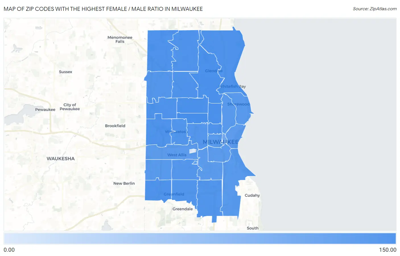 Zip Codes with the Highest Female / Male Ratio in Milwaukee Map