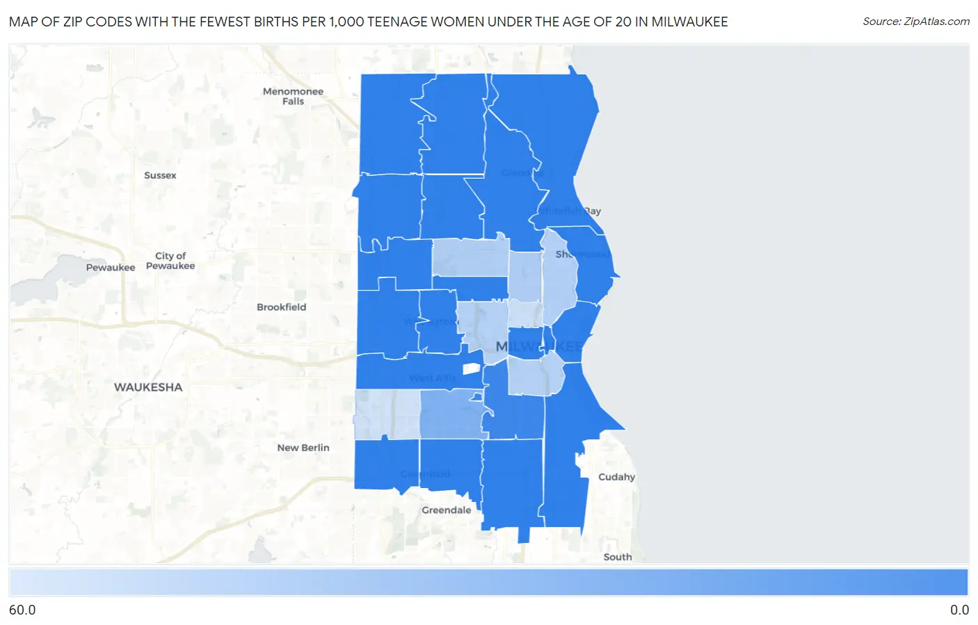 Zip Codes with the Fewest Births per 1,000 Teenage Women Under the Age of 20 in Milwaukee Map