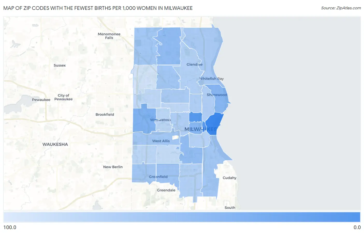 Zip Codes with the Fewest Births per 1,000 Women in Milwaukee Map