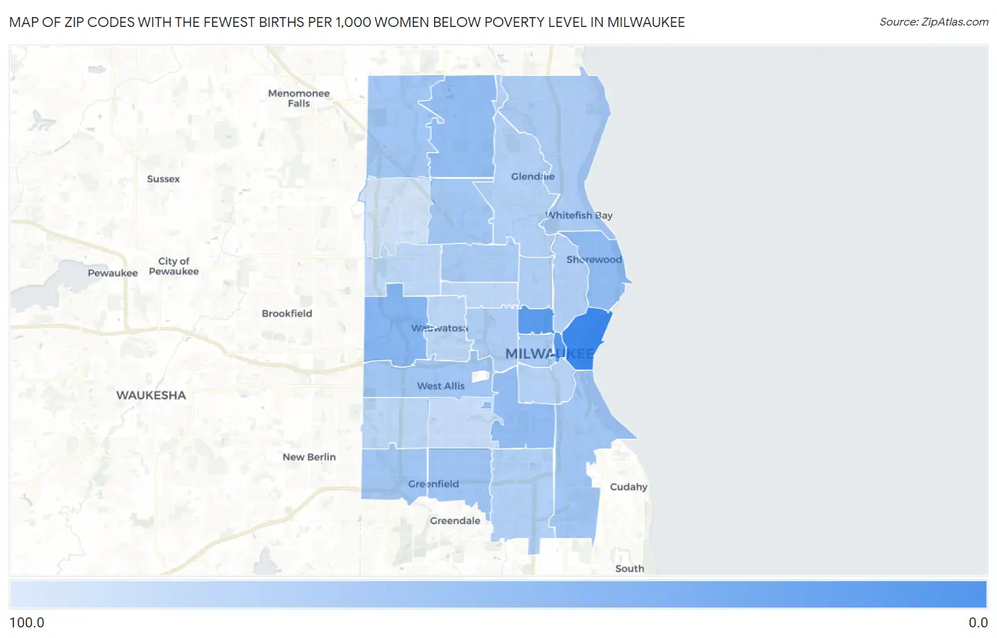 Zip Codes with the Fewest Births per 1,000 Women Below Poverty Level in Milwaukee Map