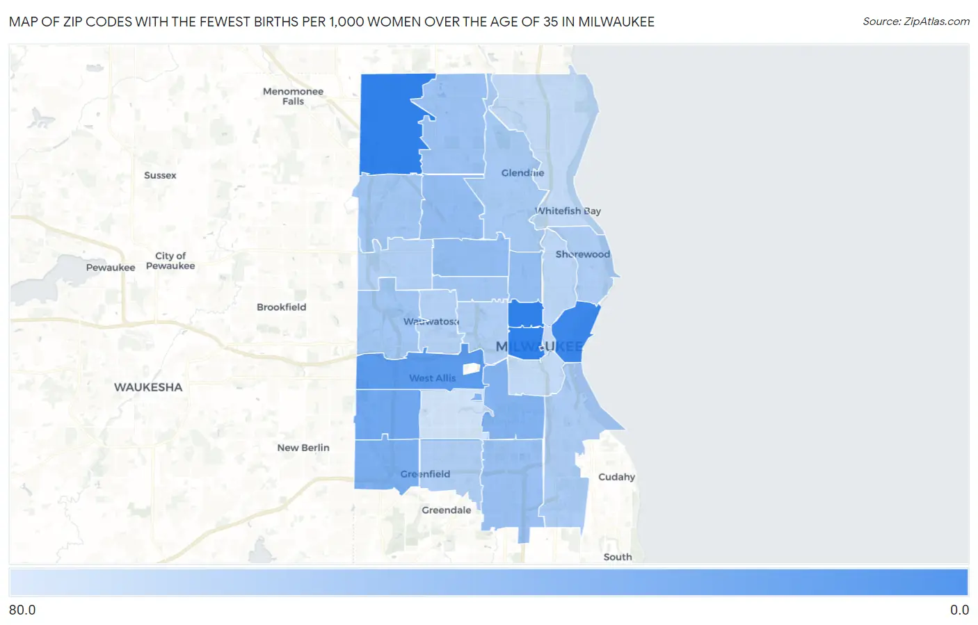 Zip Codes with the Fewest Births per 1,000 Women Over the Age of 35 in Milwaukee Map